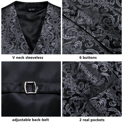 Hi-Tie Black Luxury Paisley Men's Vest Set Hanky Cufflinks For Wedding 100% Silk Vest For Men Gold Waistcoat Yellow Classic Vest