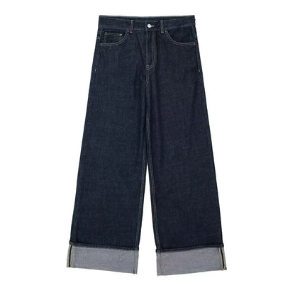 Women's High-Waisted Jeans Slim Trailing Trousers Rolled Leg Denim Pant Fashion Lady High Street Casual Wide-Leg Jeans