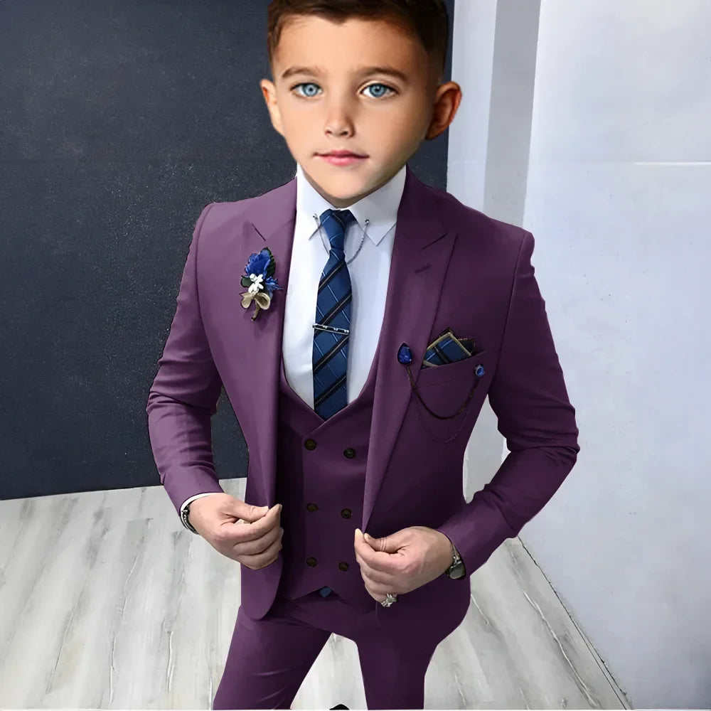 Formal Peak Lapel Suit Set 3 Pieces For Kids Perfirmance Outfit Host Costumes,Handsome Elegant Boys Slim Fit Suits Party Tuxedo
