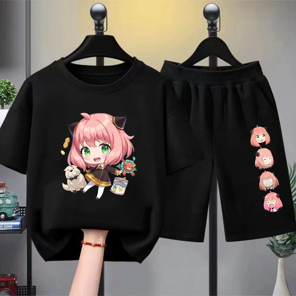 Anime Spy X Family Children T-Shirt+Bottom Wear Age 3-12 Girls Pink Set Black 2pcs Kids Set Print Summer Cool T-Shirt