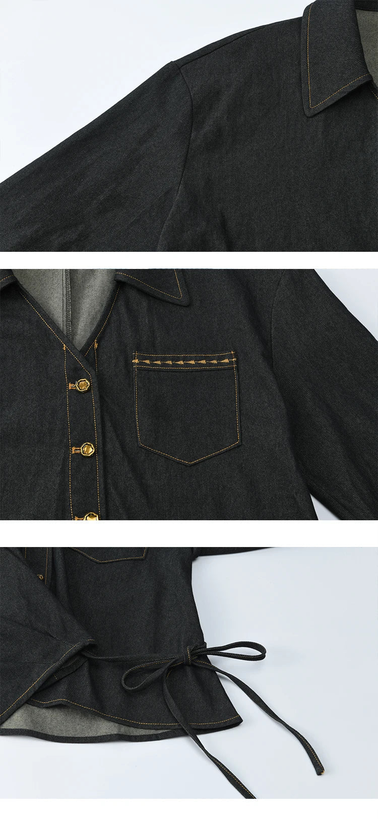 Autumn Retro Black Imitation Denim Shirt 2025 Side Lace-up Solid Shirts Lapel V-neck Retro Button Casual Tops MXE42C2374