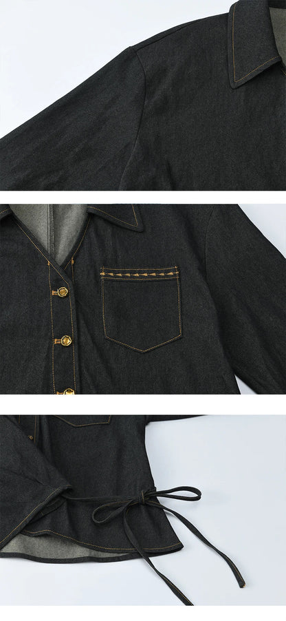 Autumn Retro Black Imitation Denim Shirt 2025 Side Lace-up Solid Shirts Lapel V-neck Retro Button Casual Tops MXE42C2374