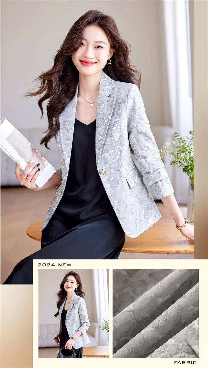 Women Blazer Office Lady 2024 Elegant Slim Notched Women Blazers Jackets Button Long Sleeve Decorative Pattern Female Suit Coat