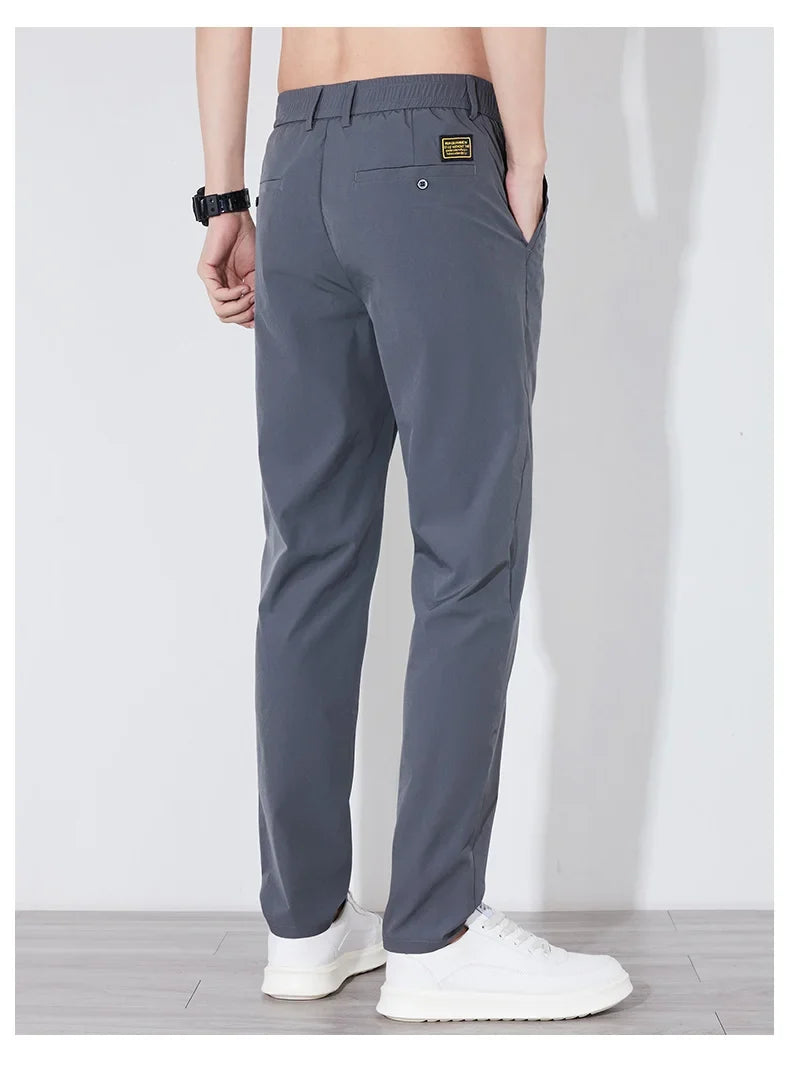 Summer Silk Stretch Smooth Trousers Men Business Elastic Waist Korean Classic Thin Cool Black Gray Casual Suit Pants Male Brand