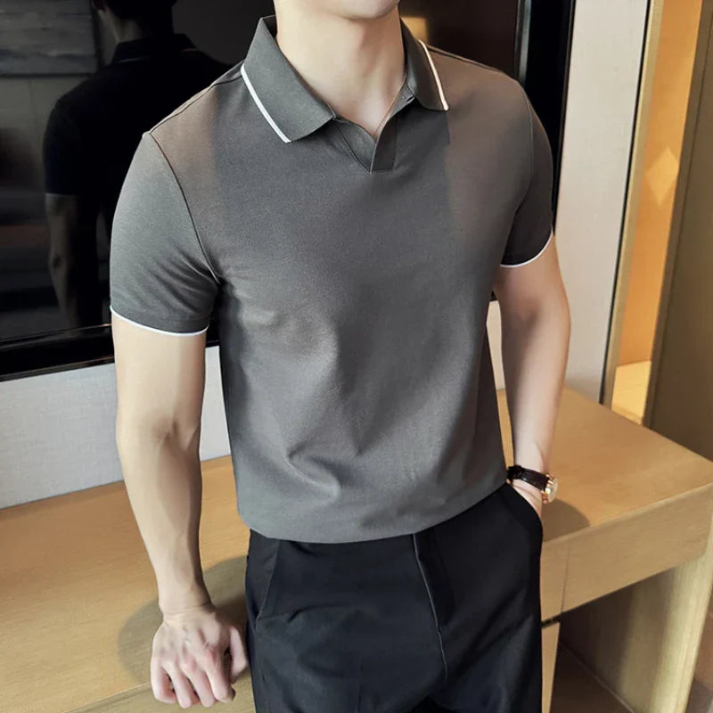 Business Casual Solid Color Men's Polo Shirt, 2024 Summer Classic, Men Short Sleeve V-neck T-shirt, Slim Fit Spliced Polo 4XL-M