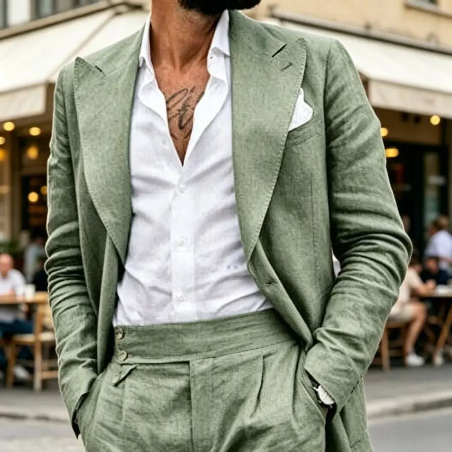 Linen Men Suits with Wide Lapel 2 Piece Prom Wedding Lightweight Summer Beach Groom Outfit Casual Formal Blazer Trousers Set