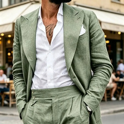 Linen Men Suits with Wide Lapel 2 Piece Prom Wedding Lightweight Summer Beach Groom Outfit Casual Formal Blazer Trousers Set