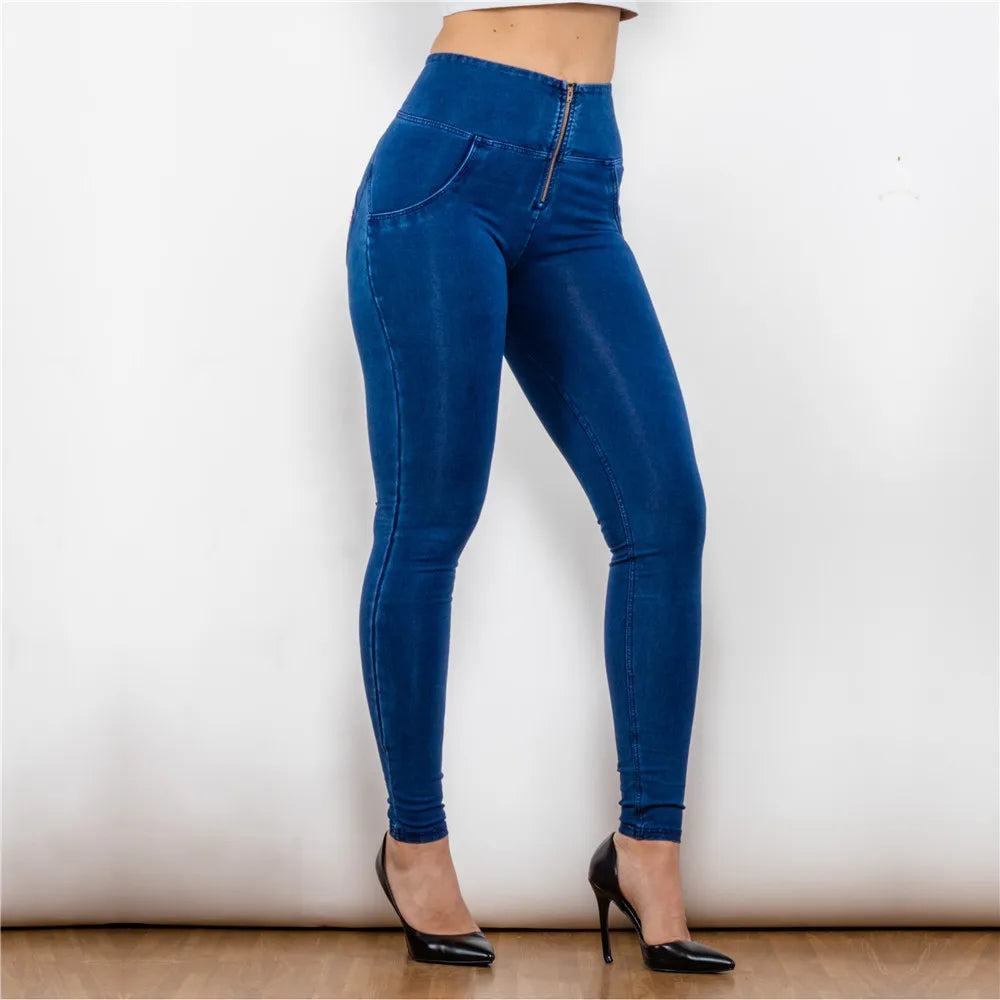 Melody High-Waist Zipper Fly Jeggings Butt Lift Stretch Blue Denim Jeans for Women