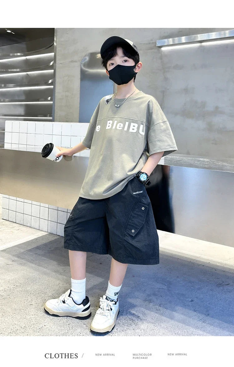 New Casual Boys Top and Bottom Clothes Set Summer Suit for Tween Children Clothing Kids Teenager Shorts Sleeve Tshirt Shorts Set