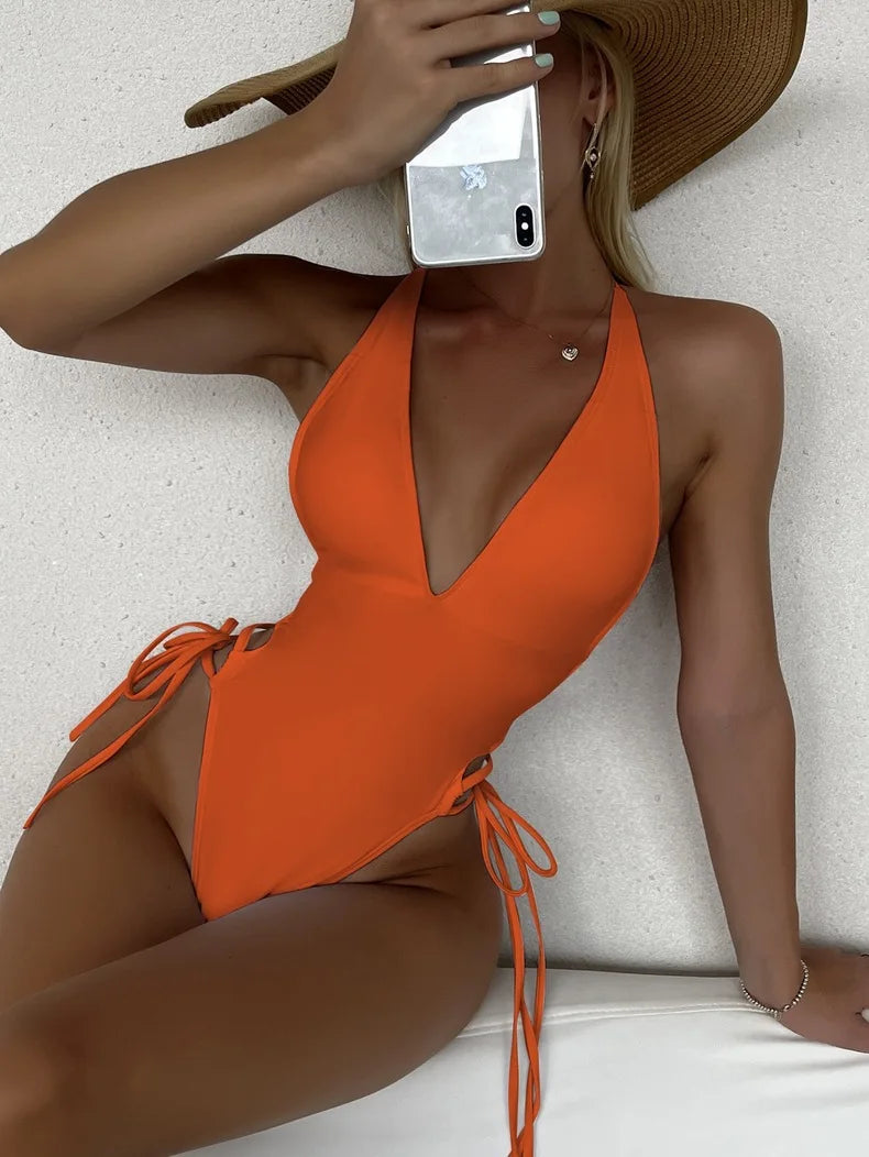 Solid Lace Up Swimsuit Woman Sexy One Piece Swimsuit Swimwear for Women Push Up Women‘s Bathing Suit Beachwear Female Bodysuit