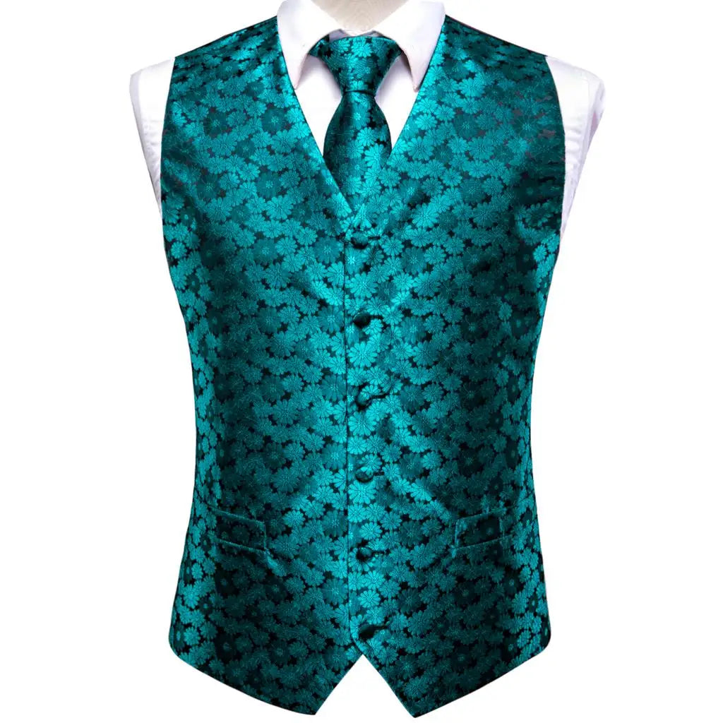 Luxury Mens Vests Black Gold Floral Jacquard Waistcoat Tie Hanky Cufflinks Brooch Set for Men Suit Wedding Office XL