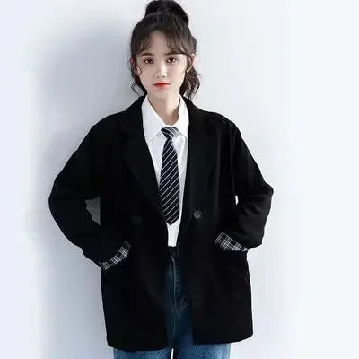 Petite Women's Spring Autumn Black Rolled Cuffs Blazer New Arrival Loose Vintage Casual Plaid Korean Style Chic Suit Jacket