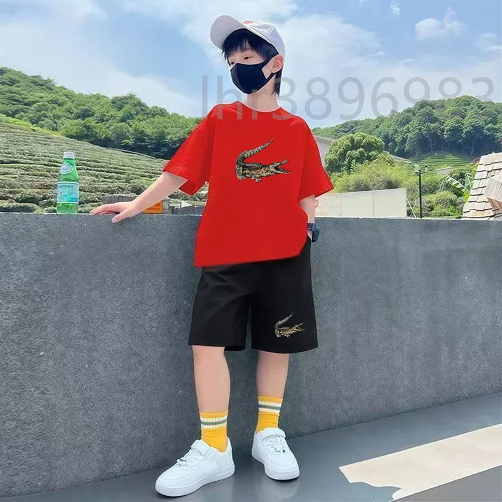 Summer Tees African crocodile print Set Suitable Children Short Sleeve Age 3-12 Girls boy Set Tshirt+Shorts 2pcs Kids clothing