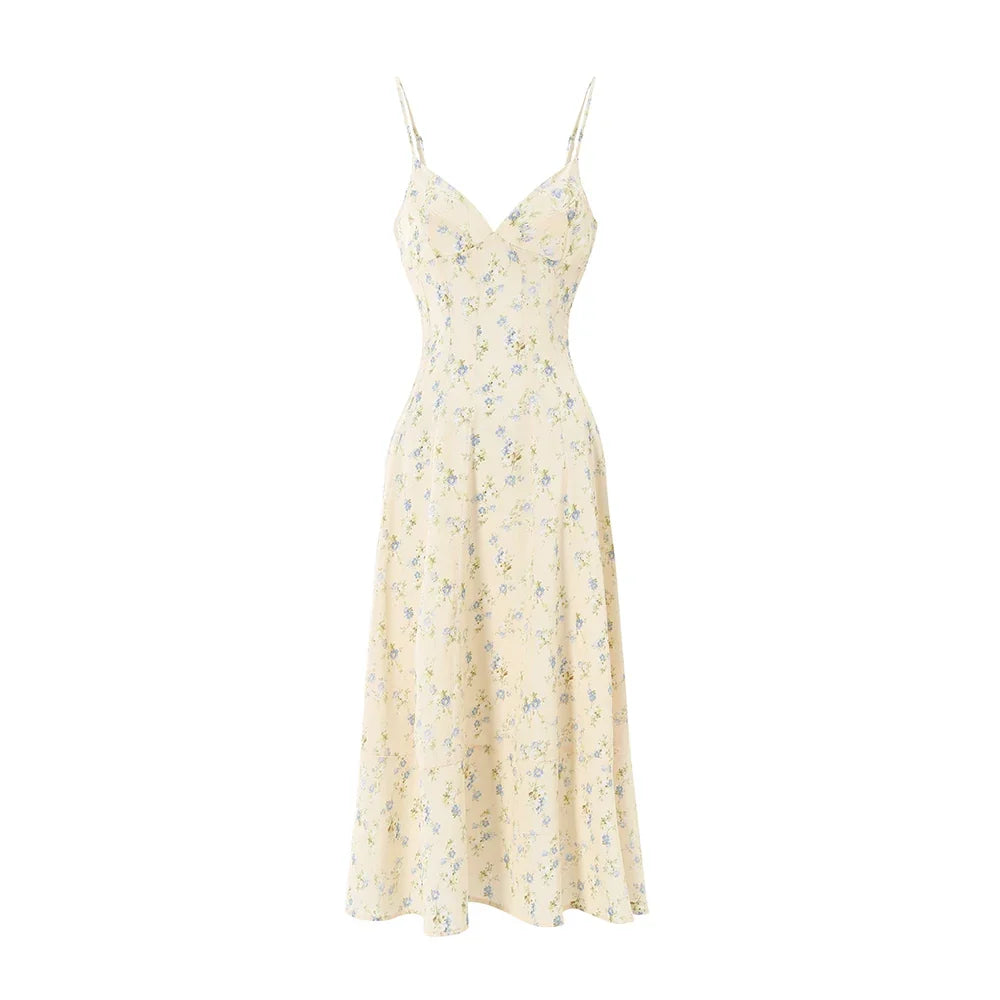 Summer V-neck Lace-up Back Floral Print A-line Midi Dress Casual Party Sun Dress for Women