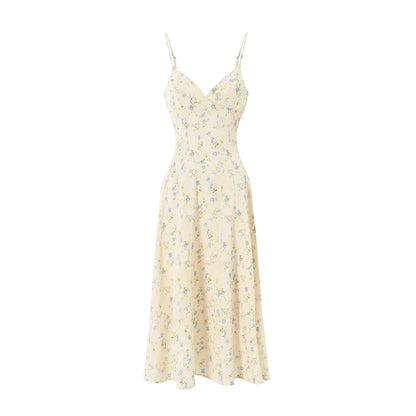 Summer V-neck Lace-up Back Floral Print A-line Midi Dress Casual Party Sun Dress for Women