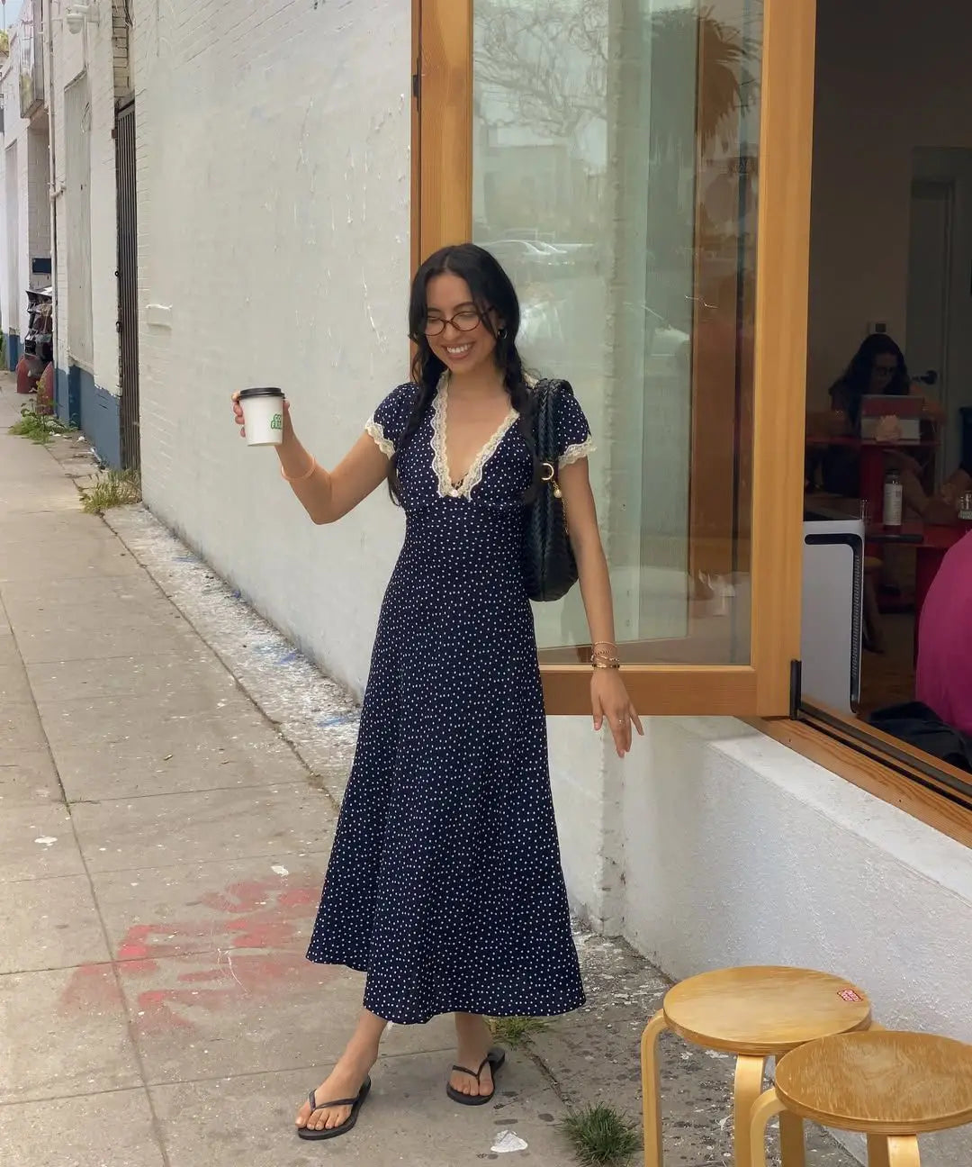 2025 Women Navy Blue Polka Dot Long Dress Lace Trim V Neck Short Sleeve A-line Elegant Holiday Dresses Summe Maxi Robe