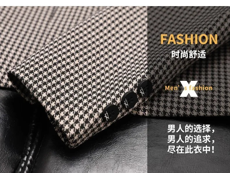 Plus-Size Men's Spring New Korean Style Slim-Fit Trendy Handsome Single-Breasted Houndstooth Suit Jacket