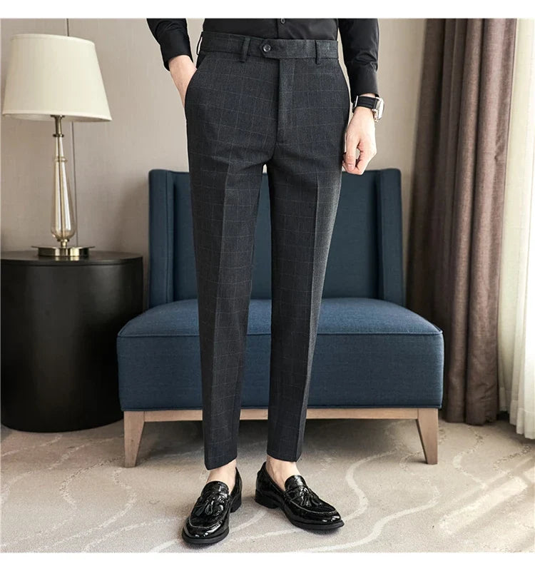 2026 High Quality Men's Plaid Striped Suit Pants Fashion Business Slim Fit Casual Straight Pants Formal Wedding Party Trousers