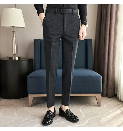 2026 High Quality Men's Plaid Striped Suit Pants Fashion Business Slim Fit Casual Straight Pants Formal Wedding Party Trousers