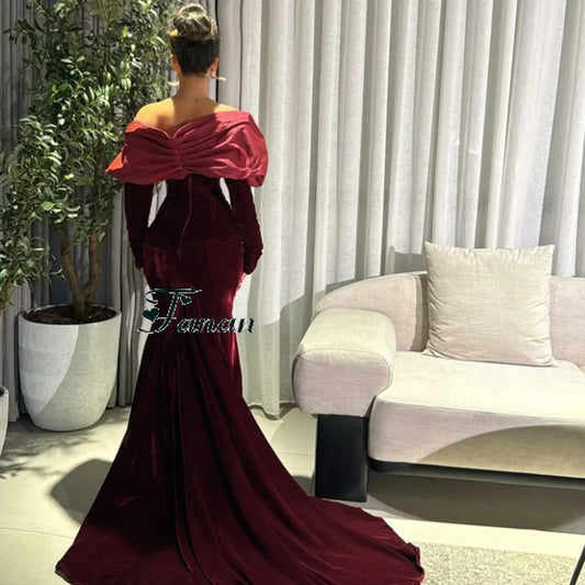 Customized Burgendy Velour Strapless Sweep Train Formal Evening Dresses Full Sleeves Backless Pleat Mermaid Party Prom Gowns