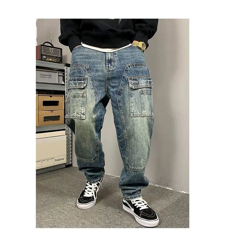 Autumn American Casual Ruffian Handsome Washed Retro Tooling Jeans Men's Straight Loose High Street Tapered Pants Tide