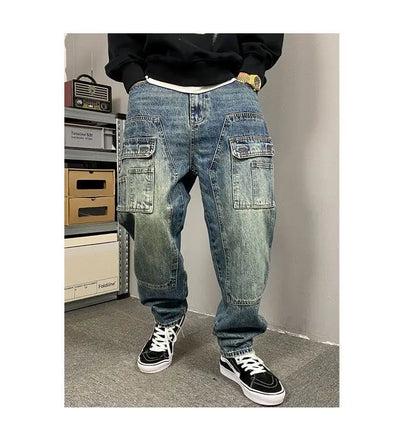 Autumn American Casual Ruffian Handsome Washed Retro Tooling Jeans Men's Straight Loose High Street Tapered Pants Tide