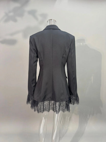 Elegant Lace Blazer Coat Women Fashion Office Lady Full Sleeve Single Breasted Jackets 2025 New Autumn Black Casual Slim Coats