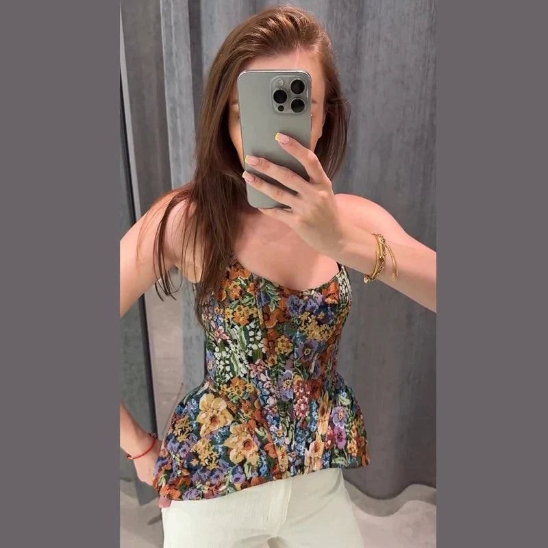 Sexy Print Sling Fishbone Corsets Women Backless Zipper Sleeveless Slim Tops Female 2026 Summer New Chic Evening Party Tanks