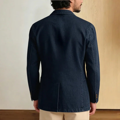 Men's Stretch Denim Blazer Classic Fit Notch Lapel 2 Button Suit Jacket Soft Breathable Business Casual Sport Coat with Pockets