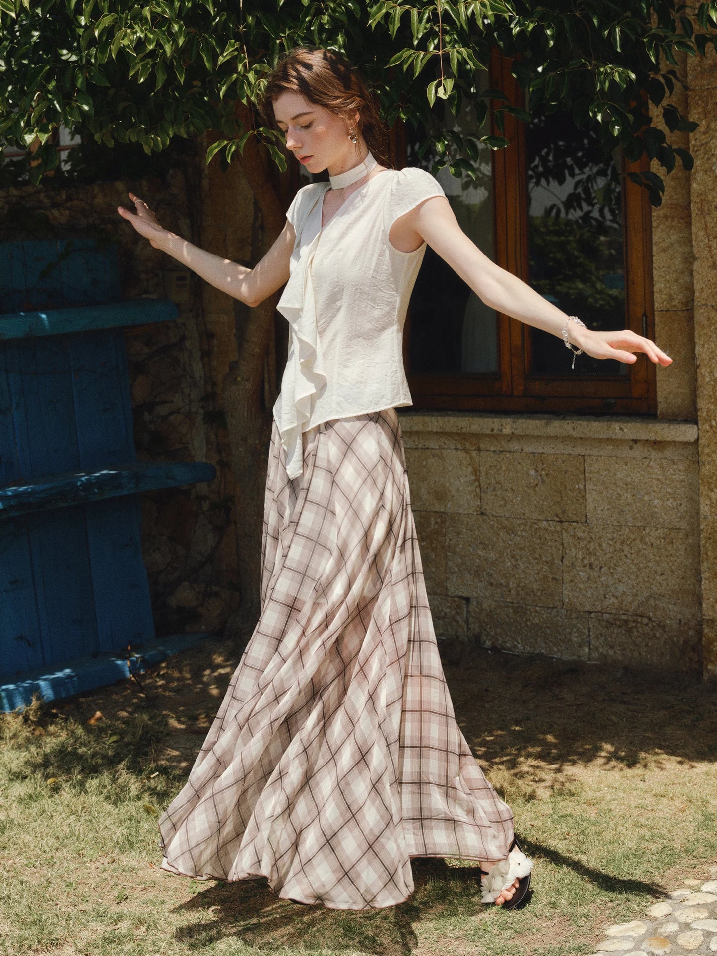 Women's Summer 2025 New Arrival Irregular A-line Hem Plaid Skirt Flowing Relaxed Fit Skirts 25FS12713