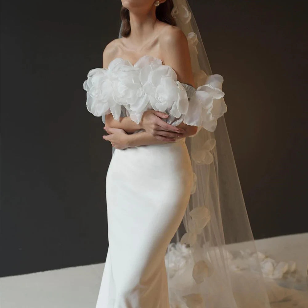 Modern 3D Flower Mermaid Wedding Dress Off the Shoulder Short Sleeve Bride Sexy Open Back with Sweep Train Gowns Customized
