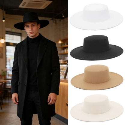 Elegant Women Men Flat Top Wide Brim Fedora Hat Autumn Winter Fedoras Boater Hat Church Panama Hats