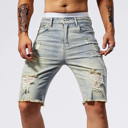 Vintage Denim Shorts Men's American Stretch Slim Jeans Fashion Ripped Streetwear Male Hole Frayed Short Pants Blue Black