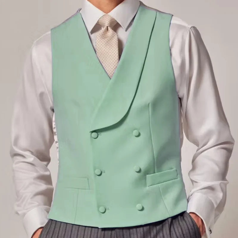 Men Vest Sky Blue Solid Color Double Button With Lapel Waistcoat For Wedding Groom Business Formal Banquet Work Men Suit Vest