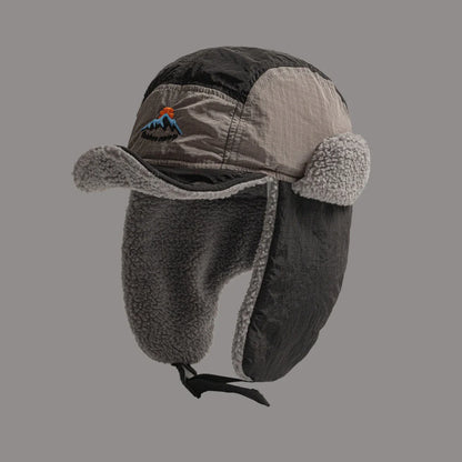 Fashion Embroidered Color Matching Plush Caps for Men and Women Riding Winter Outdoors Warm Earflaps Bomber Hats