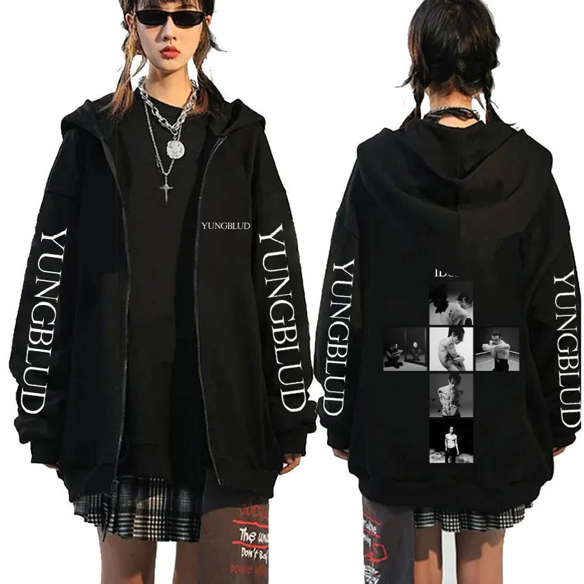 Singer Yungblud Black Hearts Club Zipper Hoodie Male Fleece Cotton Zip Up Hoodies Men Women Rock Vintage Oversized Zip Up Jacket