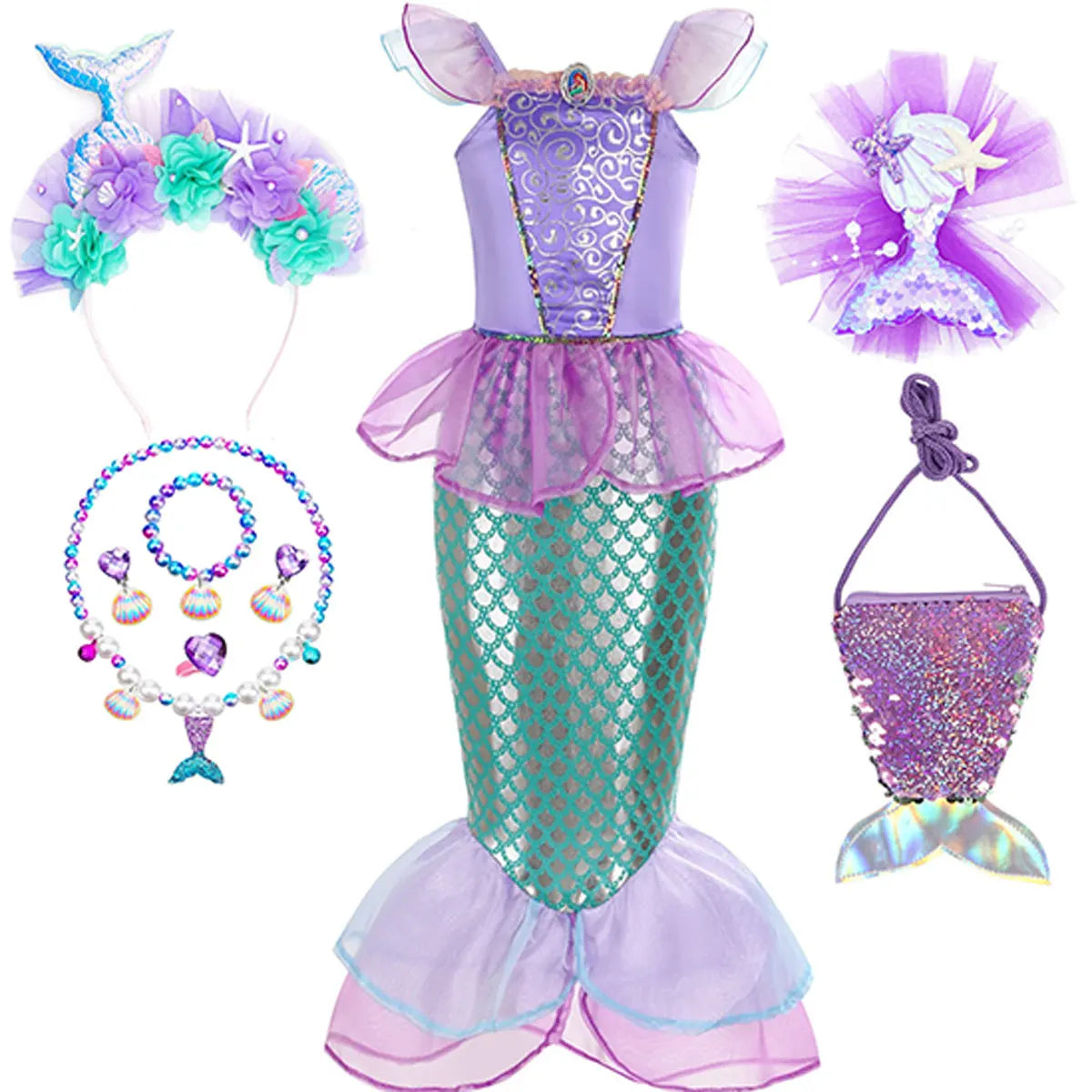 Halloween Little Mermaid Ariel Princess Costume Summer Purple Dress Girls Cosplay Mermaid Carnival Birthday Party Swimsuit Set