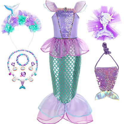 Halloween Little Mermaid Ariel Princess Costume Summer Purple Dress Girls Cosplay Mermaid Carnival Birthday Party Swimsuit Set