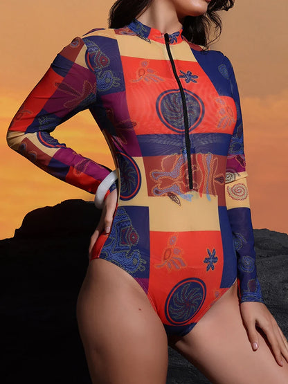 One Piece Sun Protection Swimwear 2026 Women Long Sleeved Print Swimsuit Female Sports Bathers Swimming Bodysuit Beach купальник