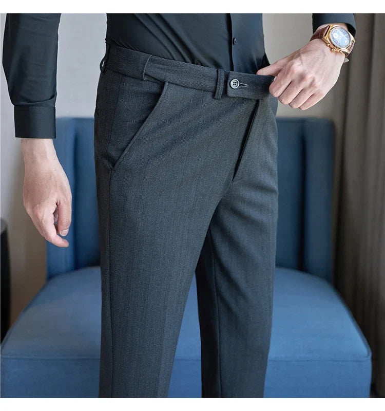 Autumn Winter New Thickened Wool Striped Suit Pants Men's High Qualitys Elastic Waist Slim Fit Business Casual Trousers 38-29