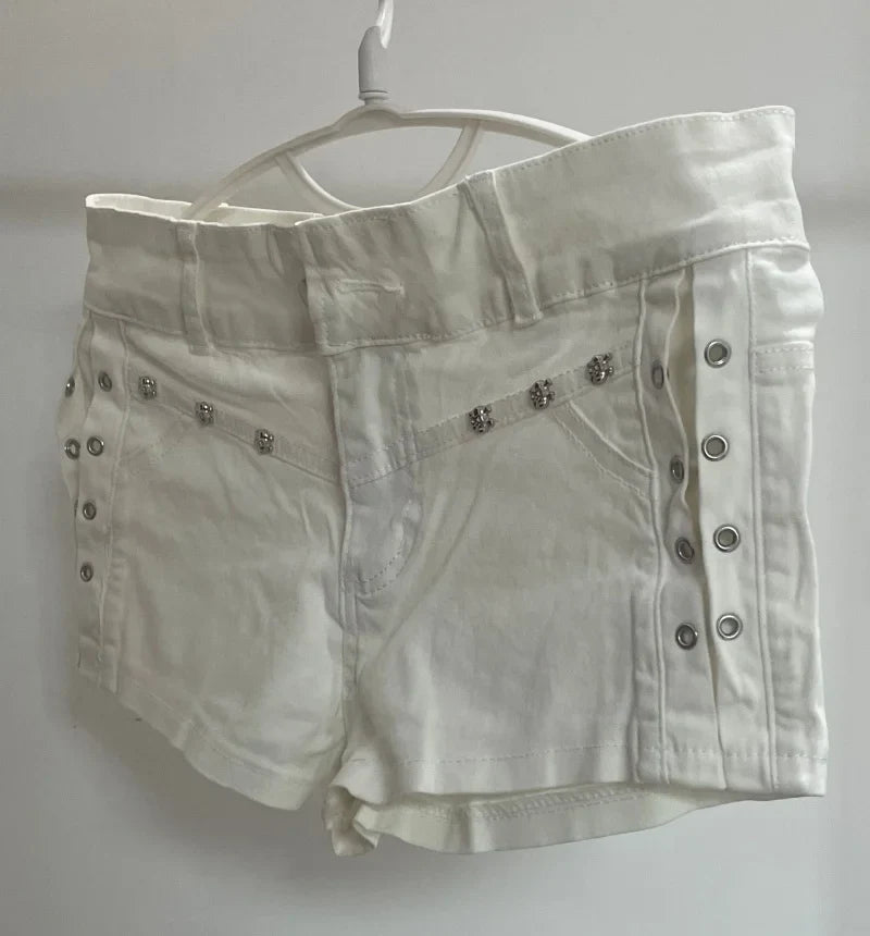 Sexy Low Rise Denim Super Shorts White Women's Summer Rivet Skinny Hot Pant Black Y2k Micro Short Jeans Korean Style Booty Short