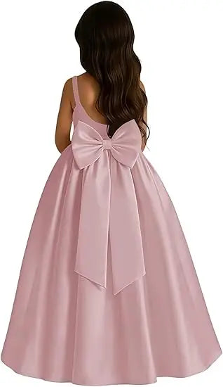 Long Ivory Satin Flower Girl Dresses for Wedding Bow Party Birthday Princess Dress Junior Bridesmaid First Holy Communion Gowns
