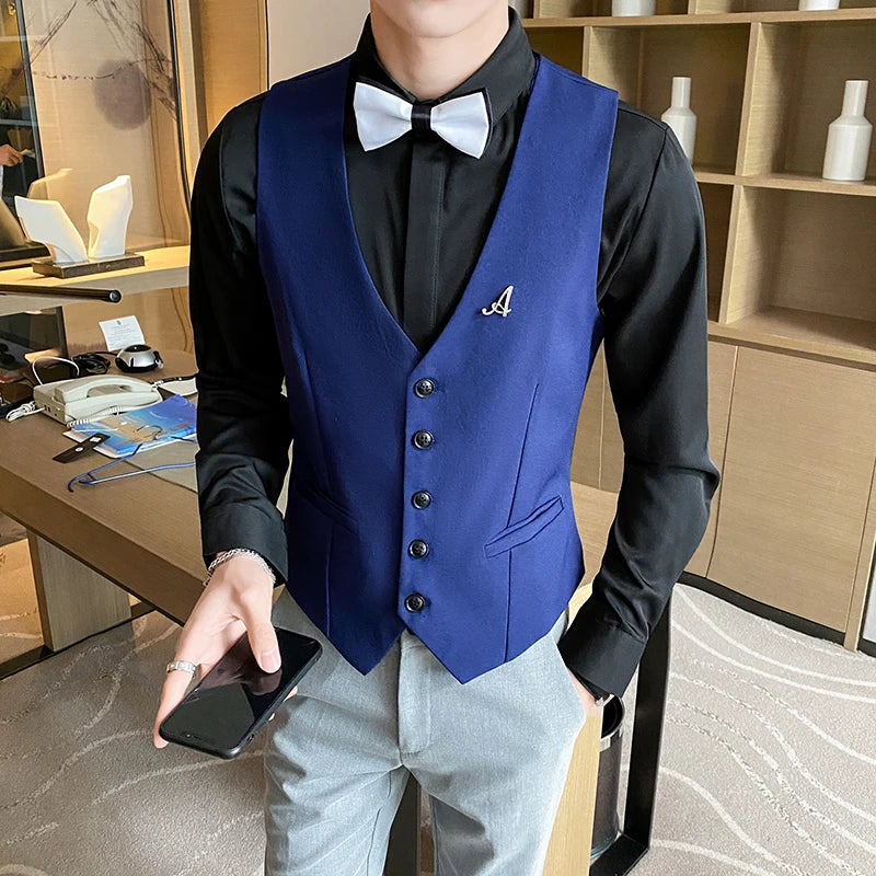 Top Quality Men's Business Casual Slim Vest Fashion Designer Men Classic Solid Color Single Breasted Sleeveless Vest Size 5XL-M
