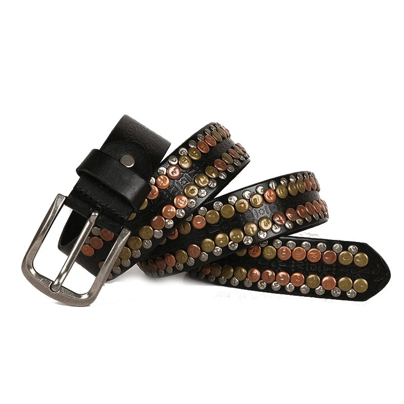 3.8CM  Hip Hop Punk Style Men Belt Round Rivet Real Genuine Cowskin Leather Strap Male Cowboy Studded Belts Rock Waistband
