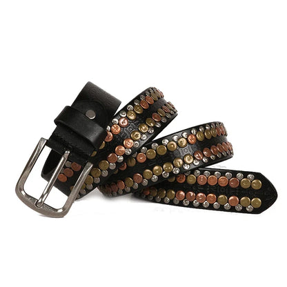 3.8CM  Hip Hop Punk Style Men Belt Round Rivet Real Genuine Cowskin Leather Strap Male Cowboy Studded Belts Rock Waistband