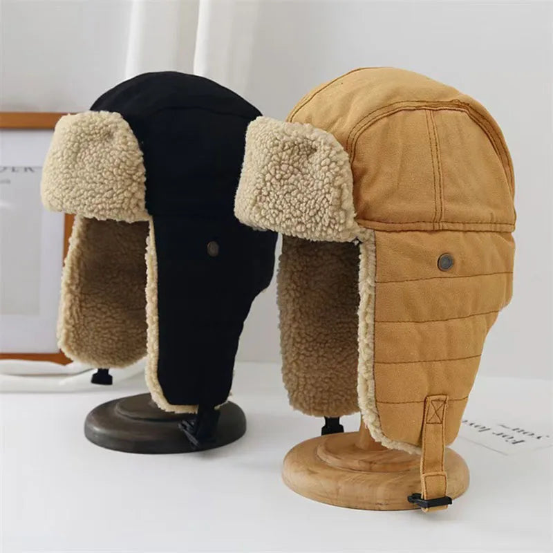 2025New Unisex Winter Hats with Ear Flaps Cotton Trapper Hat Aviator Windproof Ski Cap Buckle Closure Ushanka Outdoor