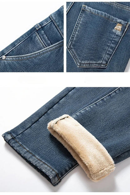 2025 Winter New Men's Fleece Thickened Jeans Retro Blue Hot Straight Casual Pants Stretch Premium Velvet Warm Denim Pants