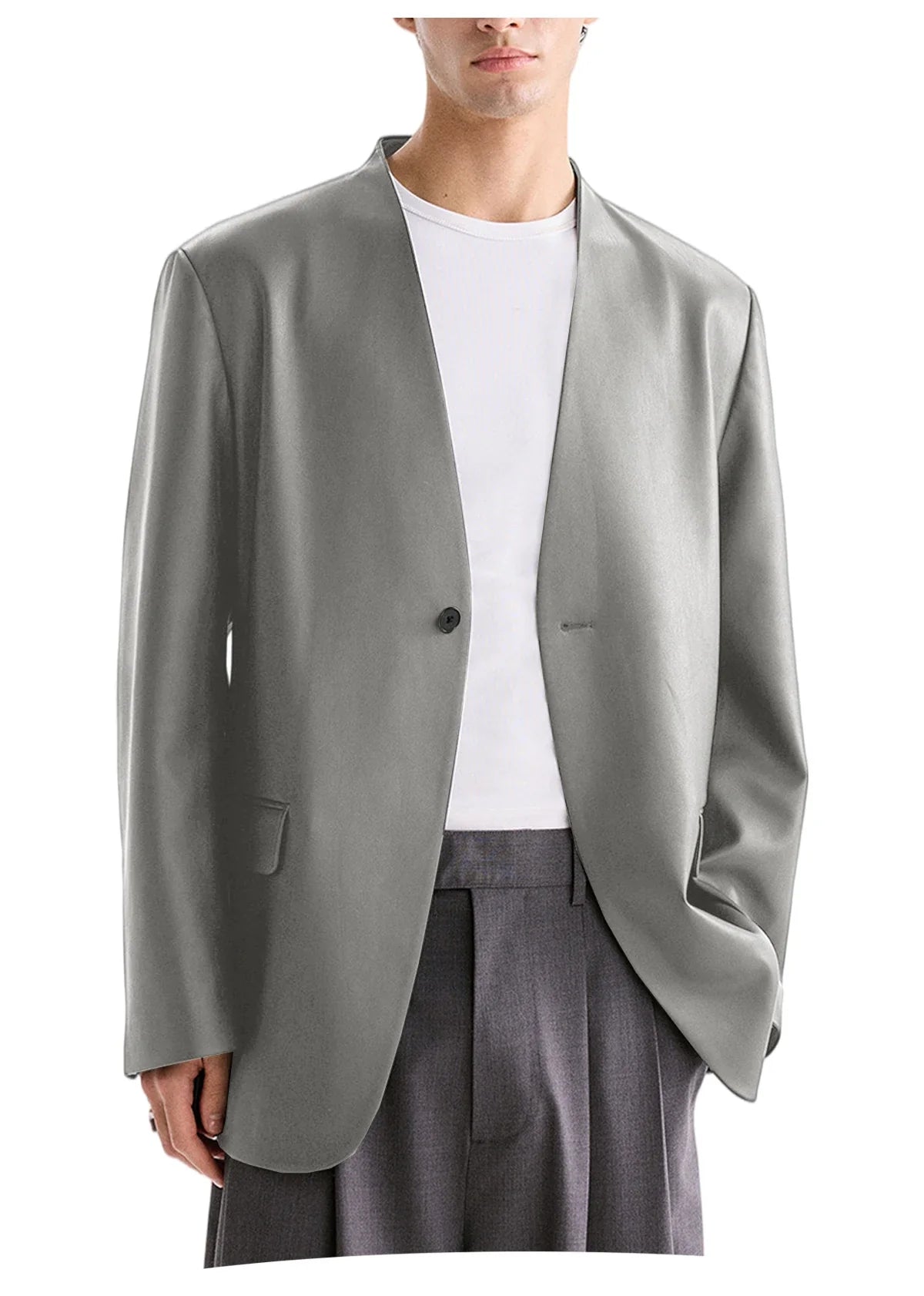 Luxury Men's PU Leather Blazer Collarless Jacket Loose 1 Button Elegant Solid Color Coat for Party Wedding Office Daily Wear