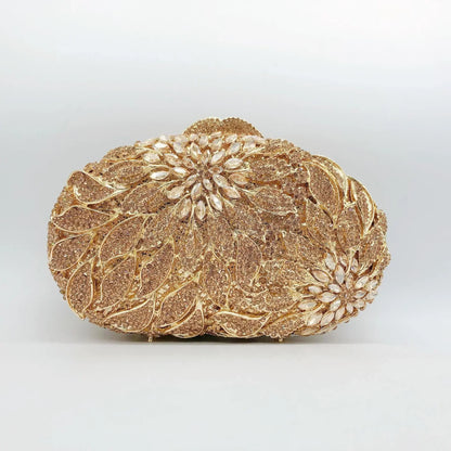 Gold Metal Leaves White Crystals Evening Clutch Bags Luxury Women Wedding Party Purse Ball Handbags Rhinestone Mini Shell Bag