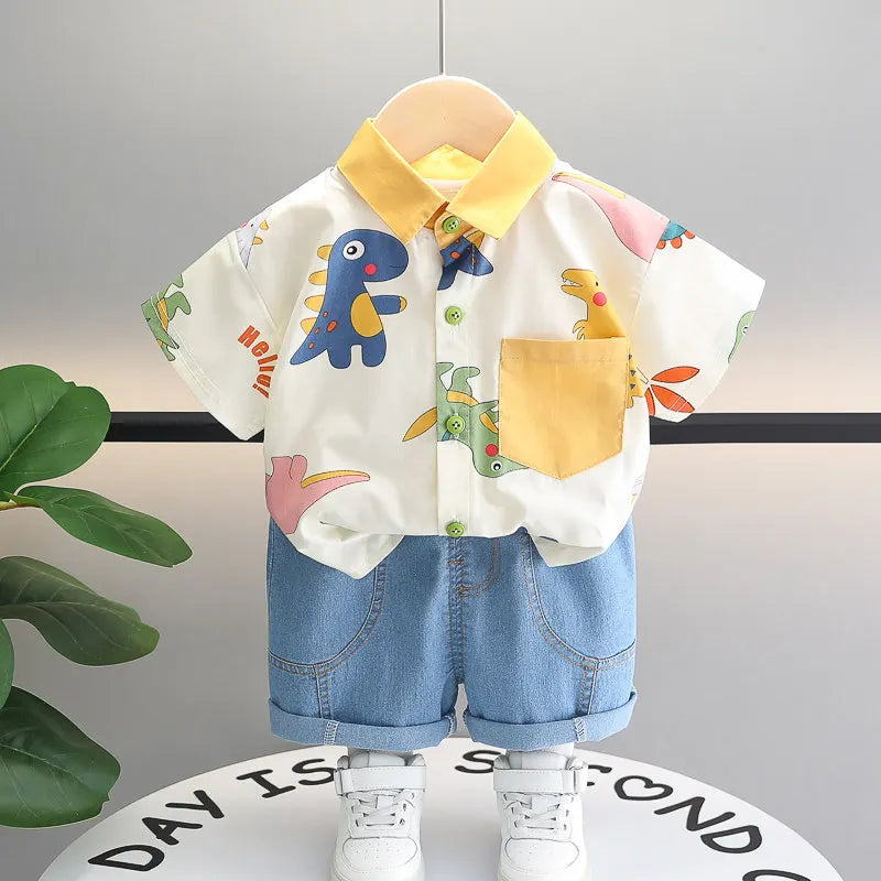 Cotton Clothes Kids Boy Summer Children Print Dinosaur Shirts Denim Shorts 2Pcs/Set Kids Fashion Toddler Tracksuits 0-5 Years